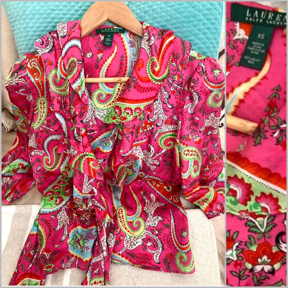 Ralph Lauren Pink Paisley Silk Wrap Blouse